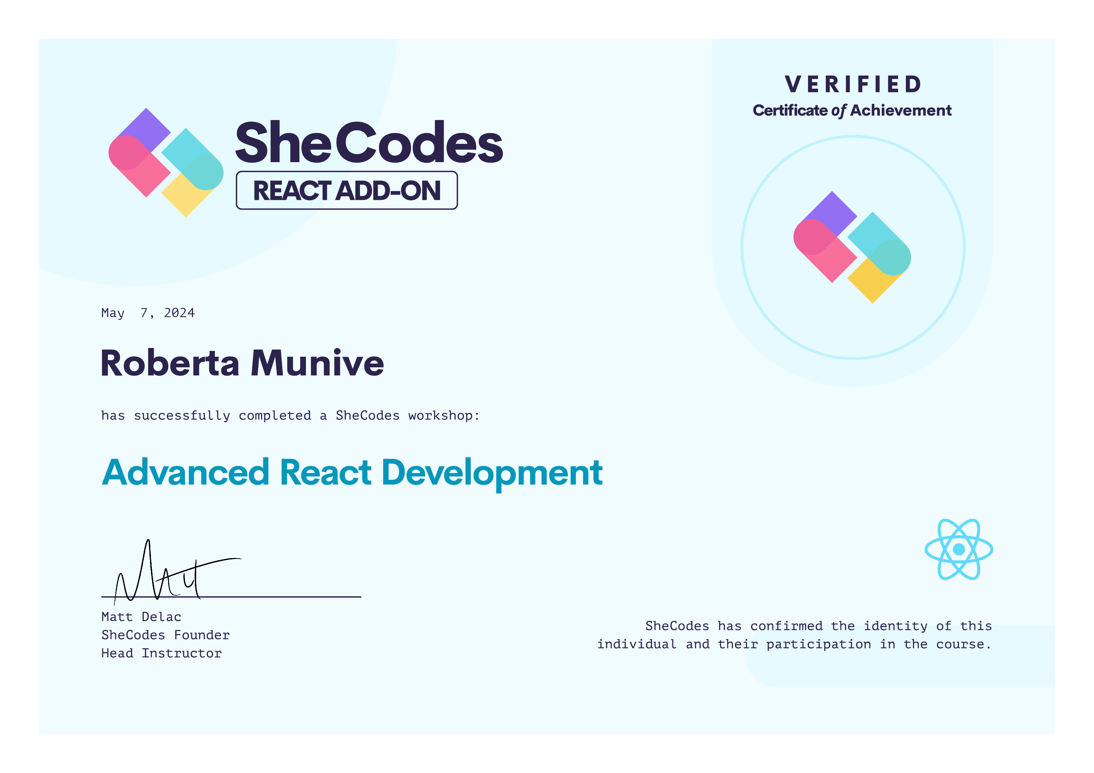 Advanced React Development Certificate